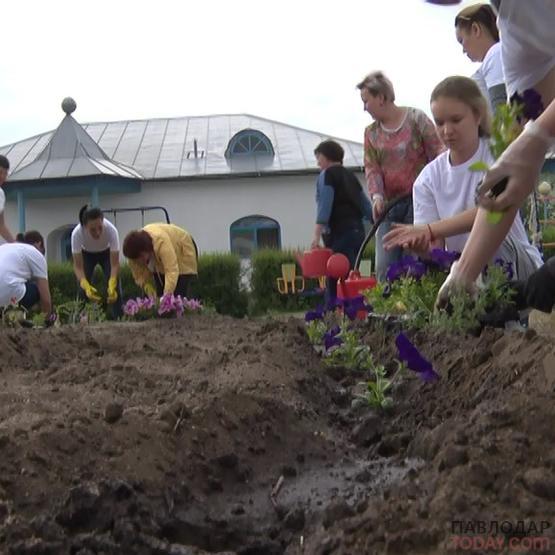Сотрудники «Сбербанка» вместе с воспитанниками детской деревни семейного типа города Павлодара высадили цветы